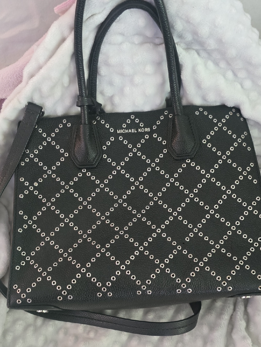 Michael Kors Black Leather Studded Satchel with Detachable Strap
